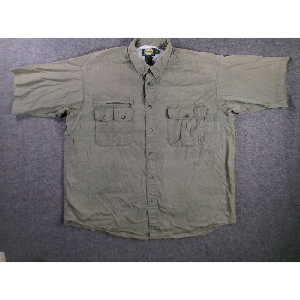 Cabelas Shirt Mens XL Olive Green Tropical Print Vented Mesh Hiking Fishing SEE